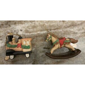 Set Of 2 Vintage Russ Rocking Horse And Train Ornaments